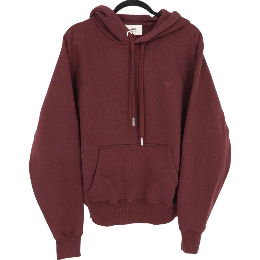 Ami Paris Ami De Coeur Hoodie Size S Burgundy Tonal Embroidered Organic Cotton